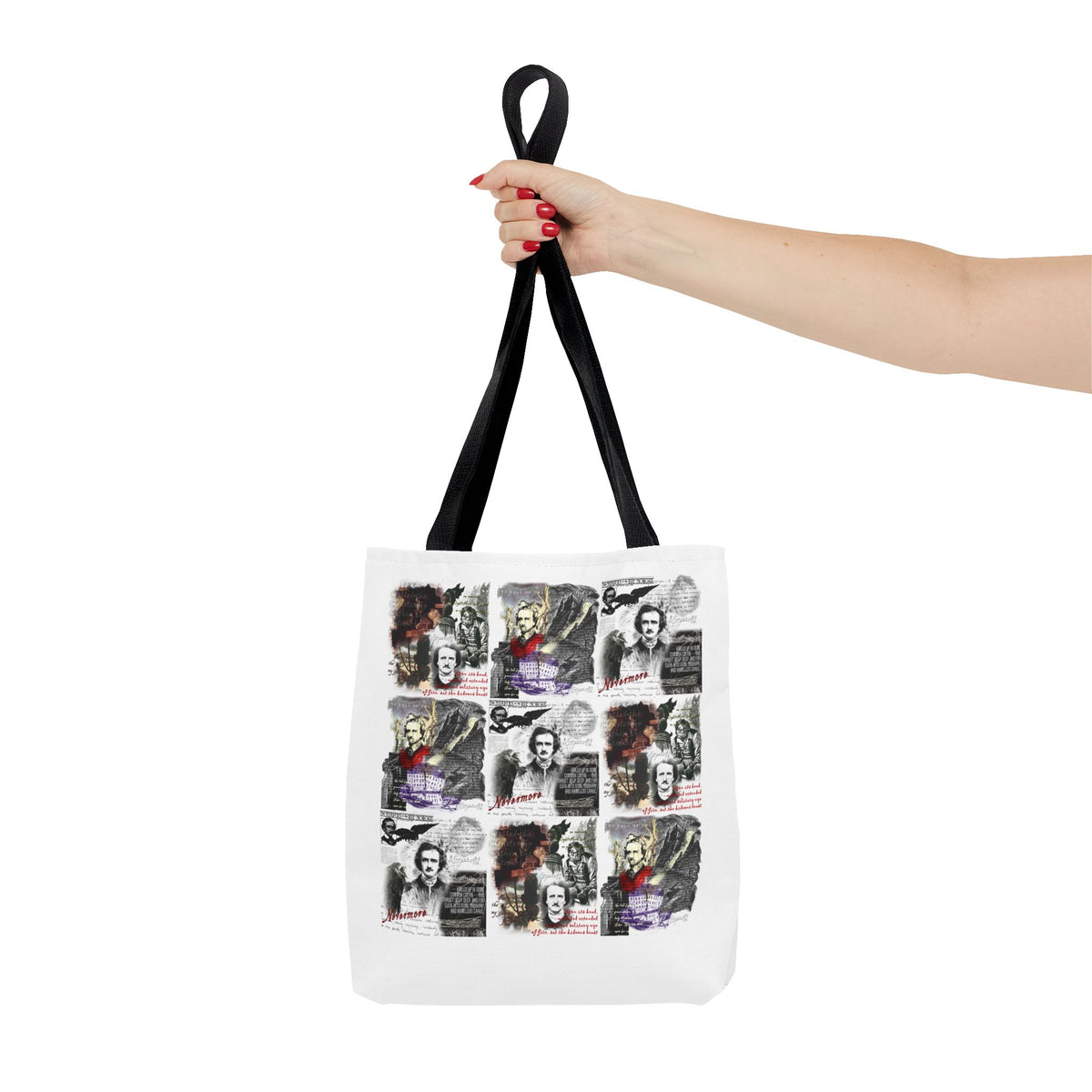 Gothic Edgar Allan Poe Collage Tote Bag, Vintage Horror Writer Portraits All-Over Print