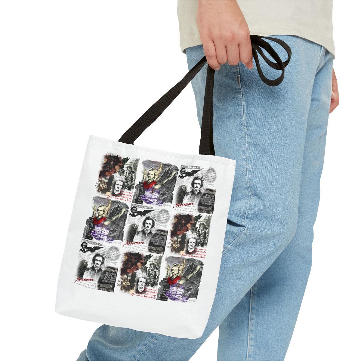 Gothic Edgar Allan Poe Collage Tote Bag, Vintage Horror Writer Portraits All-Over Print
