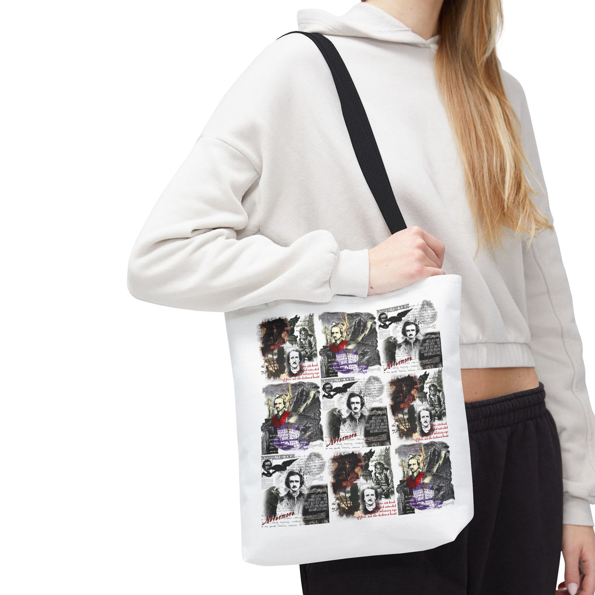 Gothic Edgar Allan Poe Collage Tote Bag, Vintage Horror Writer Portraits All-Over Print