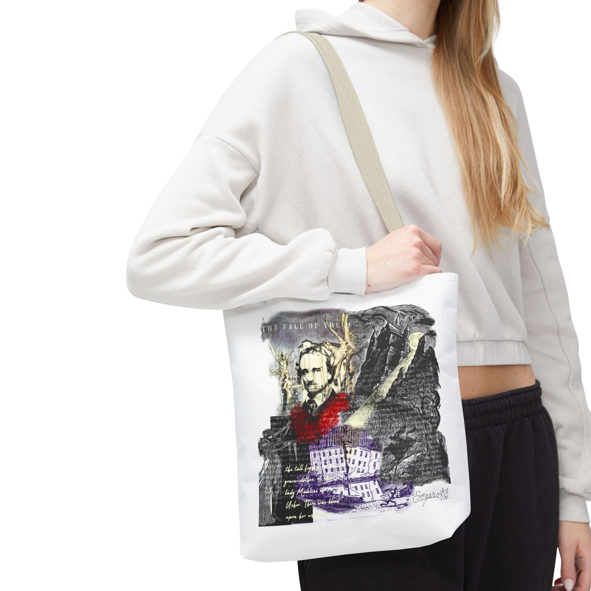 Fall of the House of Usher Tote Bag, Edgar Allan Poe Collage Art Tote