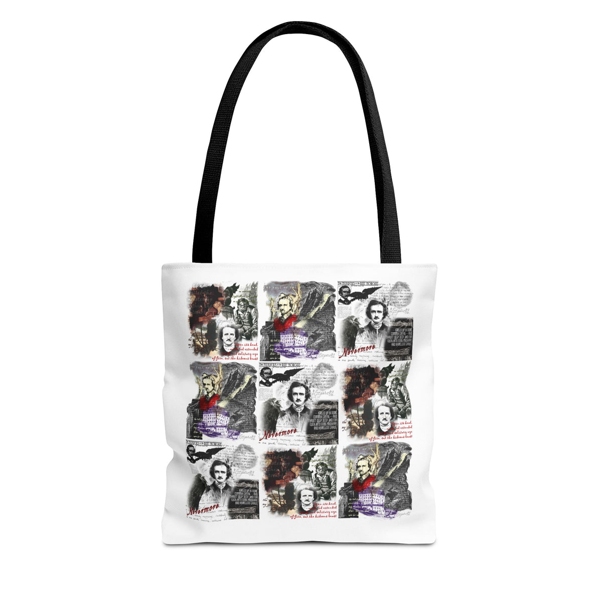 Gothic Edgar Allan Poe Collage Tote Bag, Vintage Horror Writer Portraits All-Over Print