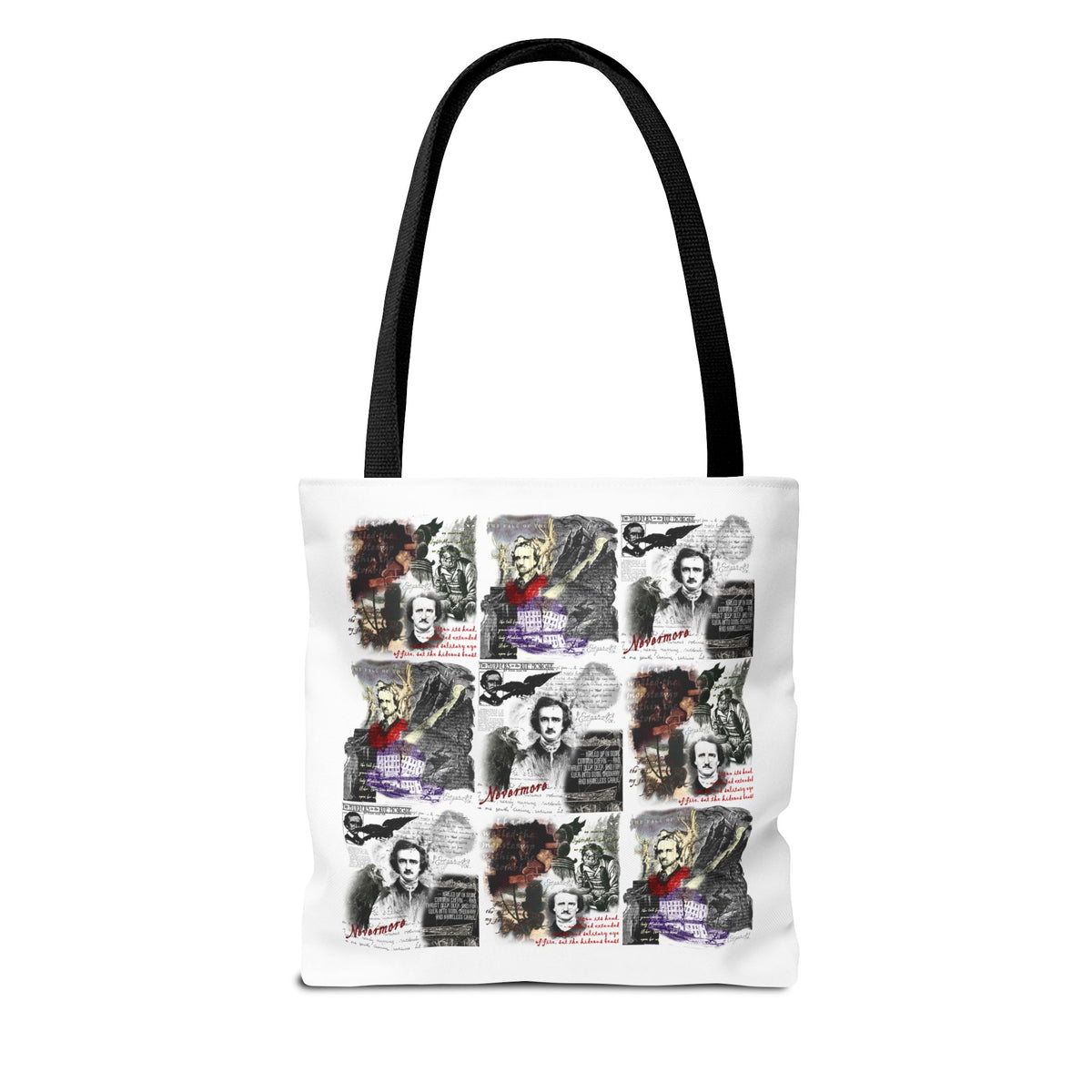 Gothic Edgar Allan Poe Collage Tote Bag, Vintage Horror Writer Portraits All-Over Print