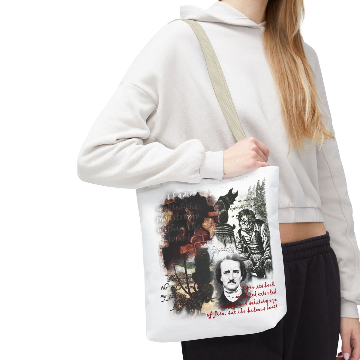 The Black Cat Tote Bag, Edgar Allan Poe Gothic Collage Literary Tote