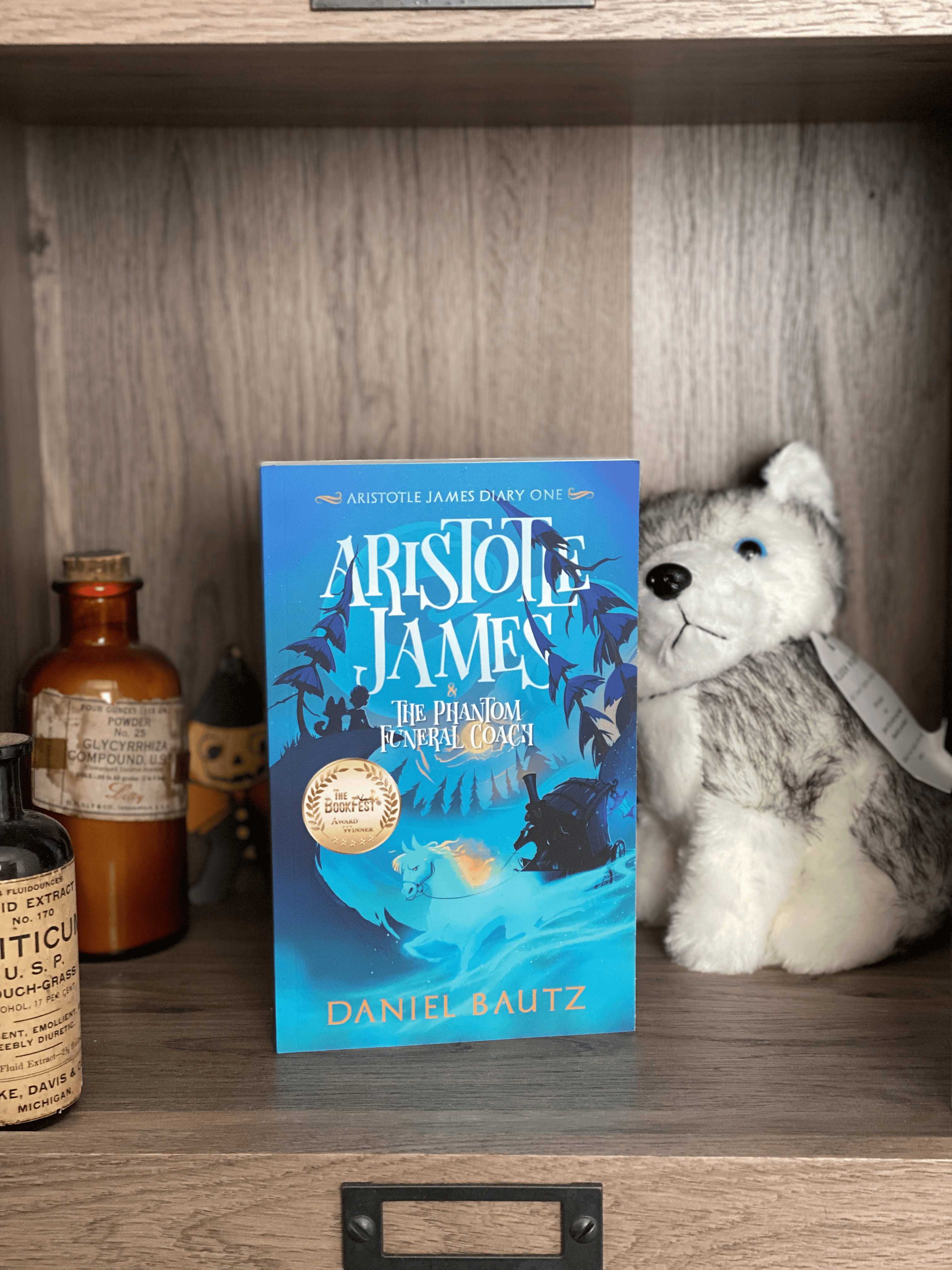 Aristotle James and the Phantom Funeral Coach paperback on shelf